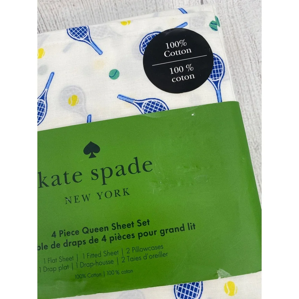 Kate Spade Sheet Set Queen White Tennis Pickleball 100% Cotton Racquet Preppy